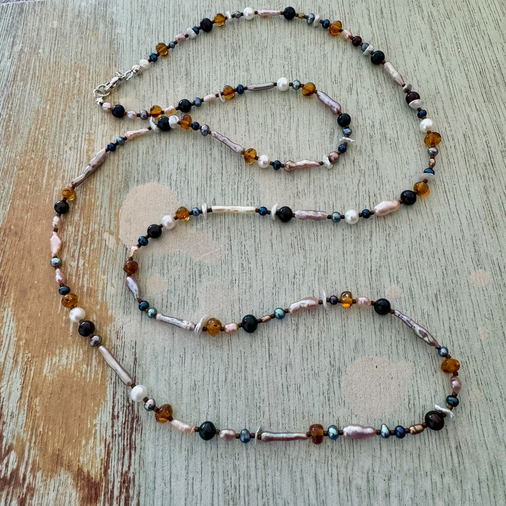 Long Pearl & Amber Necklace