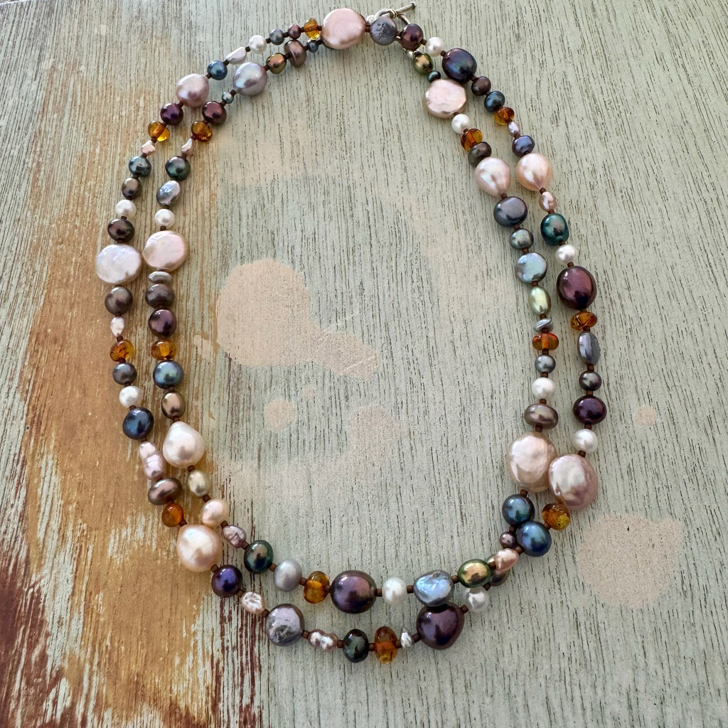 Long Pearl & Amber Necklace